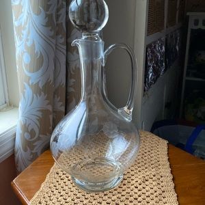 Vintage Clear Hand Blown Glass Wine Decanter with Ball Stopper Etched Design